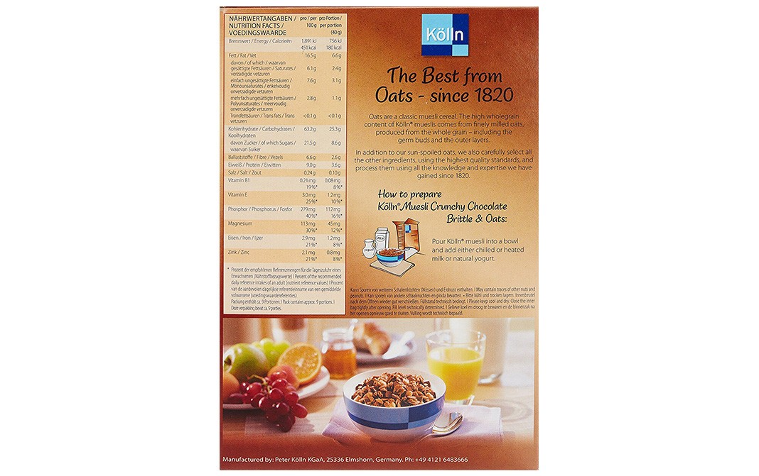 Kolln Muesli Crunchy Chocolate Brittle & Oats   Box  375 grams